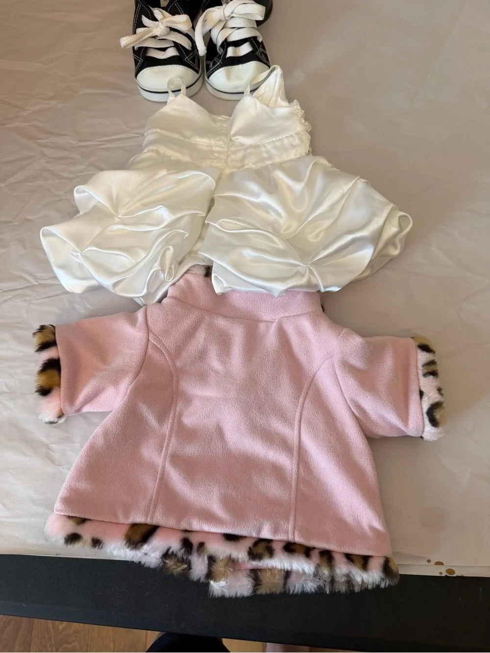 Build-A-Bear 4 piece lot Pink Faux Fur Trim Coat Wedding Dress Black Shoes-boots